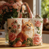 Bolsa Gato Rojizo Hecha a Mano con Rosas Rosadas