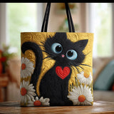 Bolso Gato Negro Hecho a Mano con Corazón y Margaritas