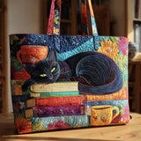 Bolsa Gato Negro Hecha a Mano con Libros y Tazas